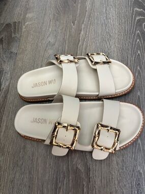 Jason Wu Cream Slide Sandals with Gold Buckle Accents